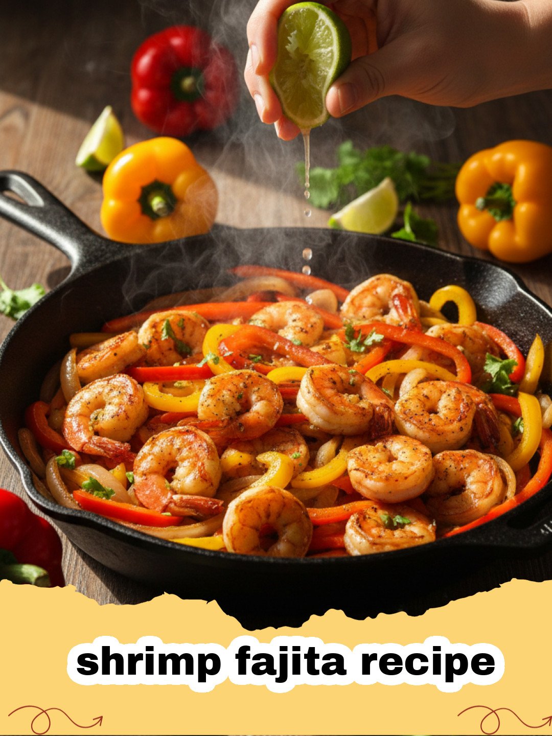 shrimp fajita recipe - A sizzling skillet of shrimp fajitas with colorful peppers and onions.