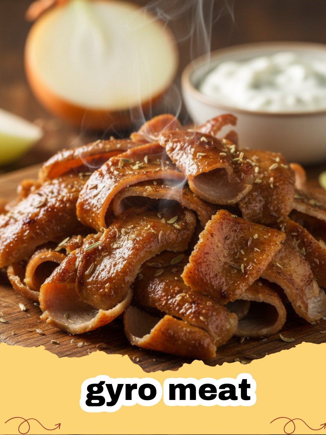 Thinly sliced homemade gyro meat in a pita with tzatziki, tomatoes, and red onion.