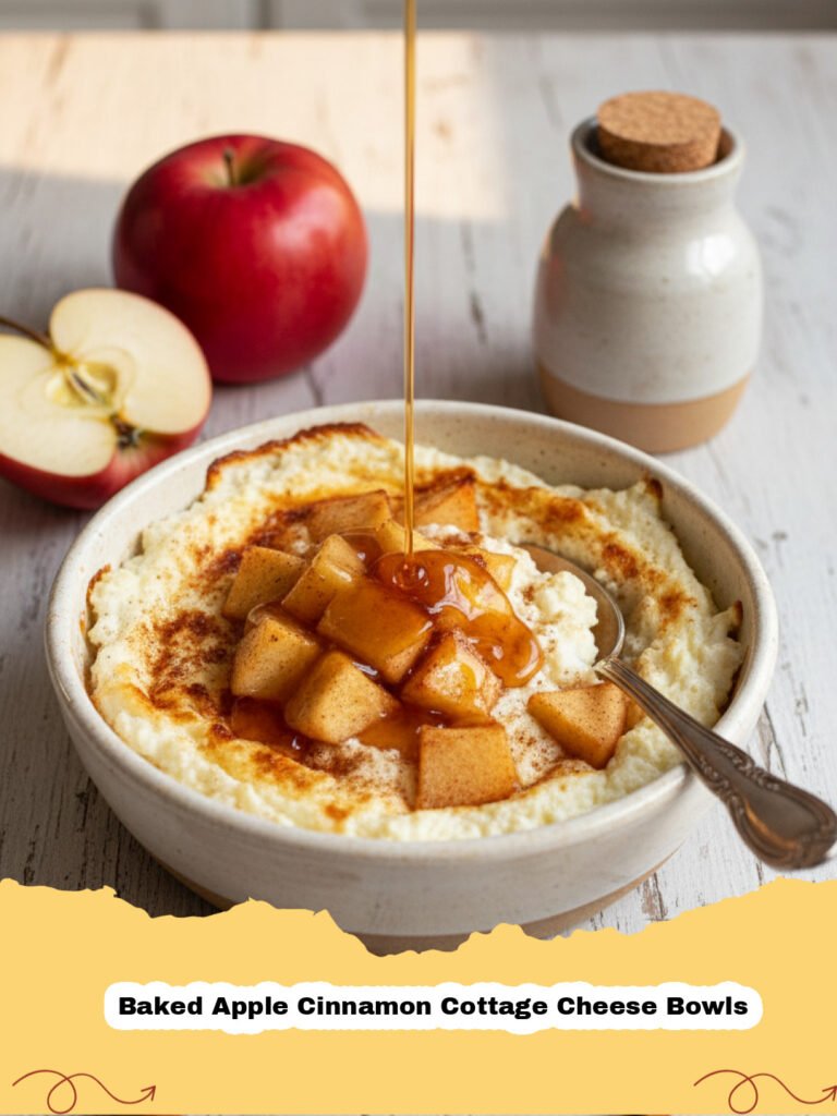 Baked Apple Cinnamon Cottage Cheese Bowls - A cozy bowl of Baked Apple Cinnamon Cottage Cheese with warm, spiced apples and creamy cottage cheese, topped with cinnamon and nuts.