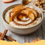 Two servings of Baked Apple Cinnamon Cottage Cheese Bowls topped with chopped walnuts and a drizzle of maple syrup.