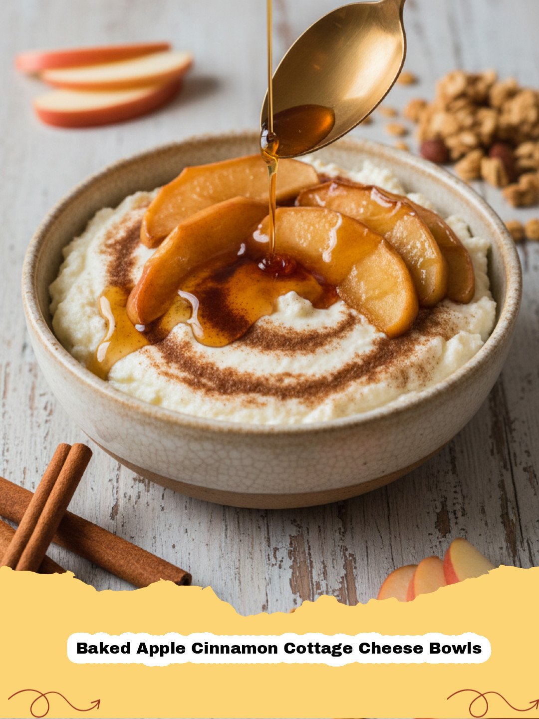 Two servings of Baked Apple Cinnamon Cottage Cheese Bowls topped with chopped walnuts and a drizzle of maple syrup.