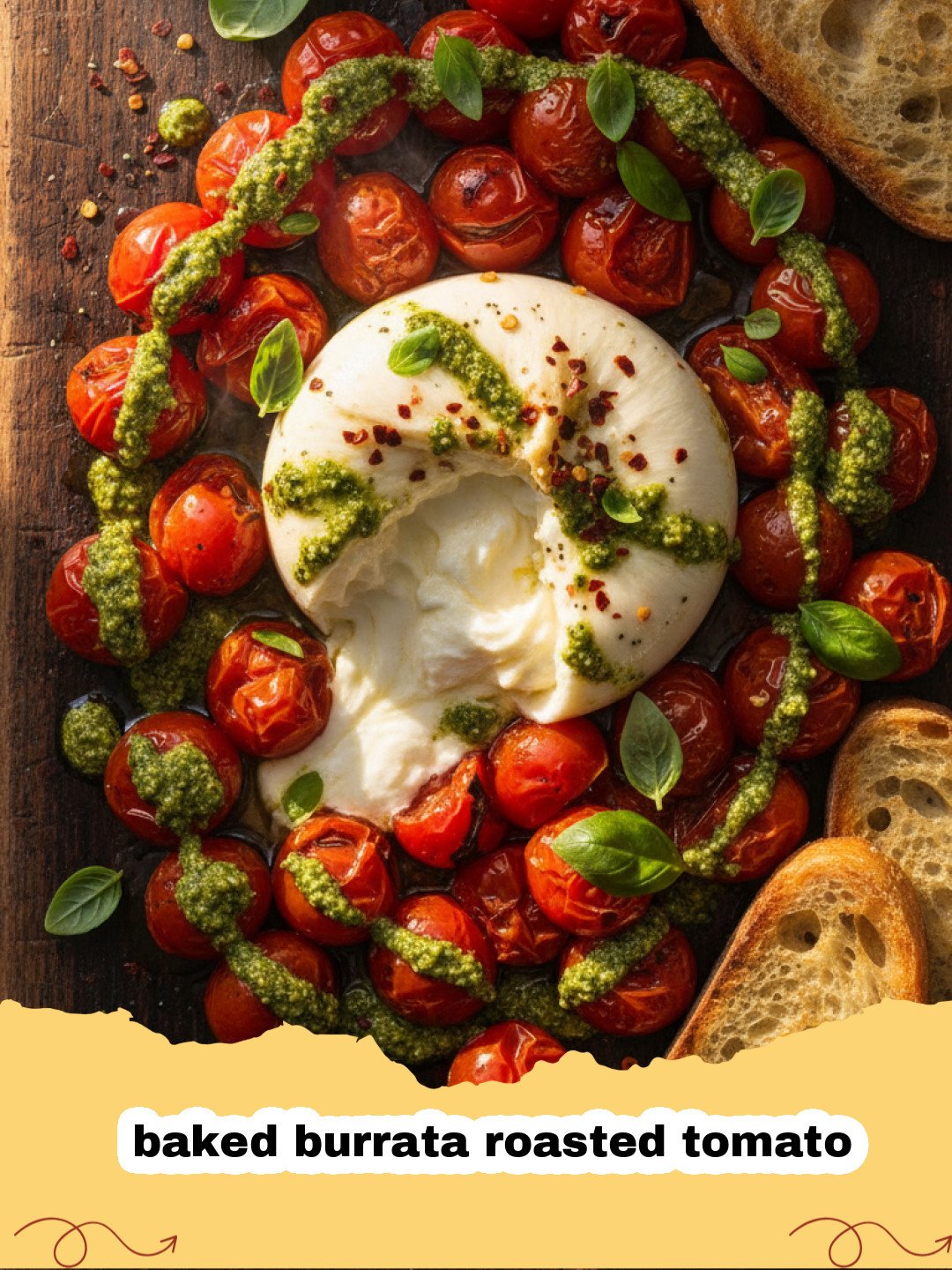 baked burrata roasted tomato - Close-up of warm baked burrata with roasted tomatoes, garlic, and basil in a baking dish, ready to be served.