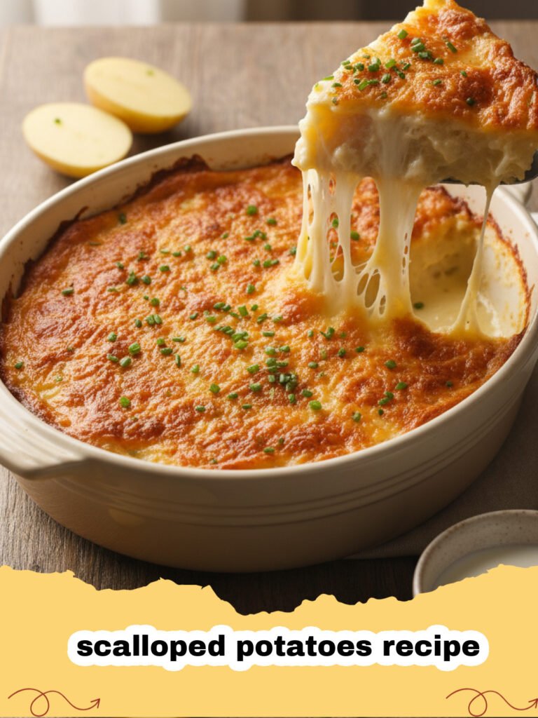 A close-up of a golden brown, bubbly scalloped potatoes recipe in a white baking dish.