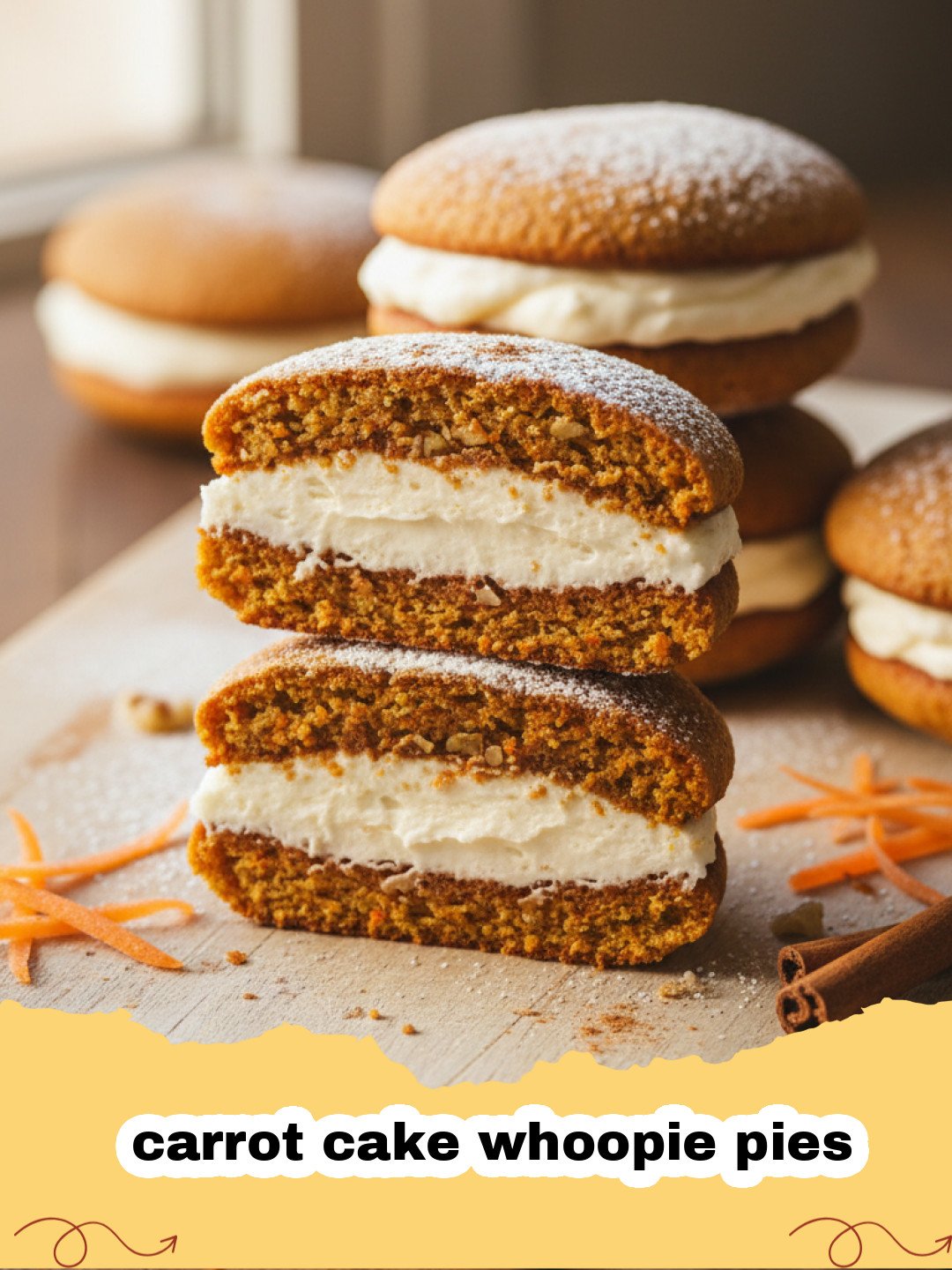 A stack of homemade carrot cake whoopie pies filled with cream cheese frosting, garnished with finely grated carrot.