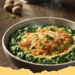 creamed spinach recipe - Close-up of a bowl of creamy, green creamed spinach garnished with a sprinkle of Parmesan cheese