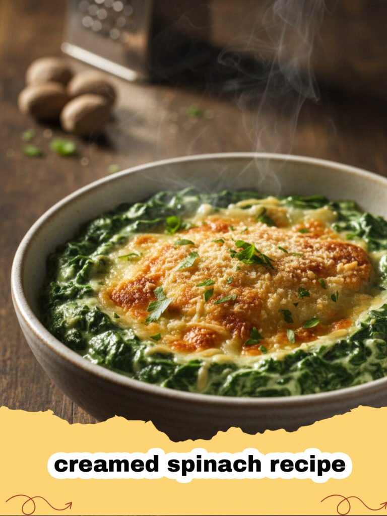 creamed spinach recipe - Close-up of a bowl of creamy, green creamed spinach garnished with a sprinkle of Parmesan cheese