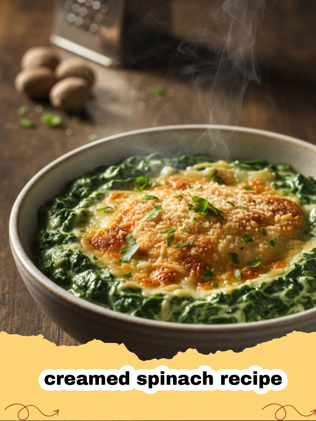 creamed spinach recipe - Close-up of a bowl of creamy, green creamed spinach garnished with a sprinkle of Parmesan cheese