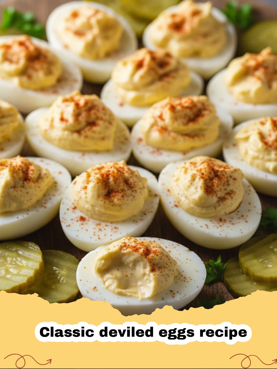 Classic deviled eggs recipe - A plate of classic deviled eggs topped with paprika and chives.