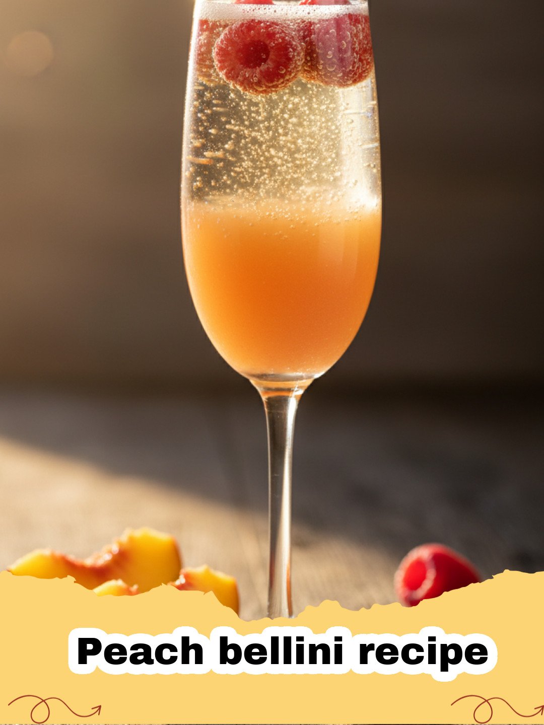 Peach bellini recipe - A close-up shot of two elegant champagne flutes filled with a pale pink Peach Bellini garnished with fresh peach slices.