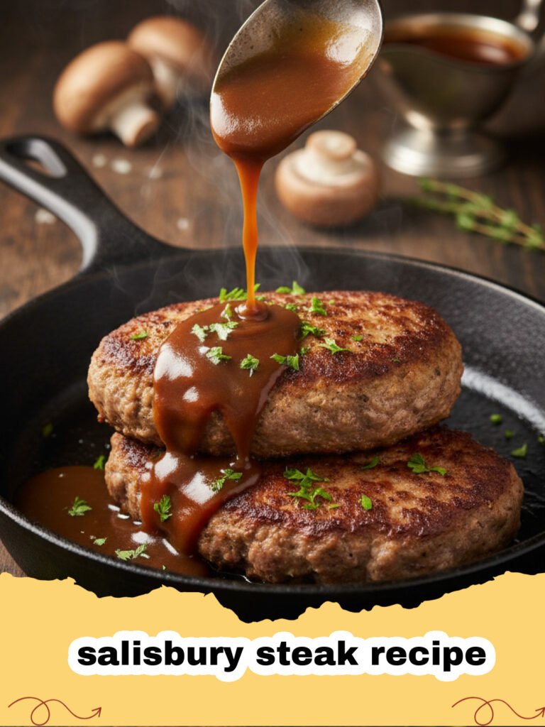 salisbury steak recipe - Close-up of classic Salisbury Steak with mushroom gravy, served with mashed potatoes and garnished with fresh parsley.