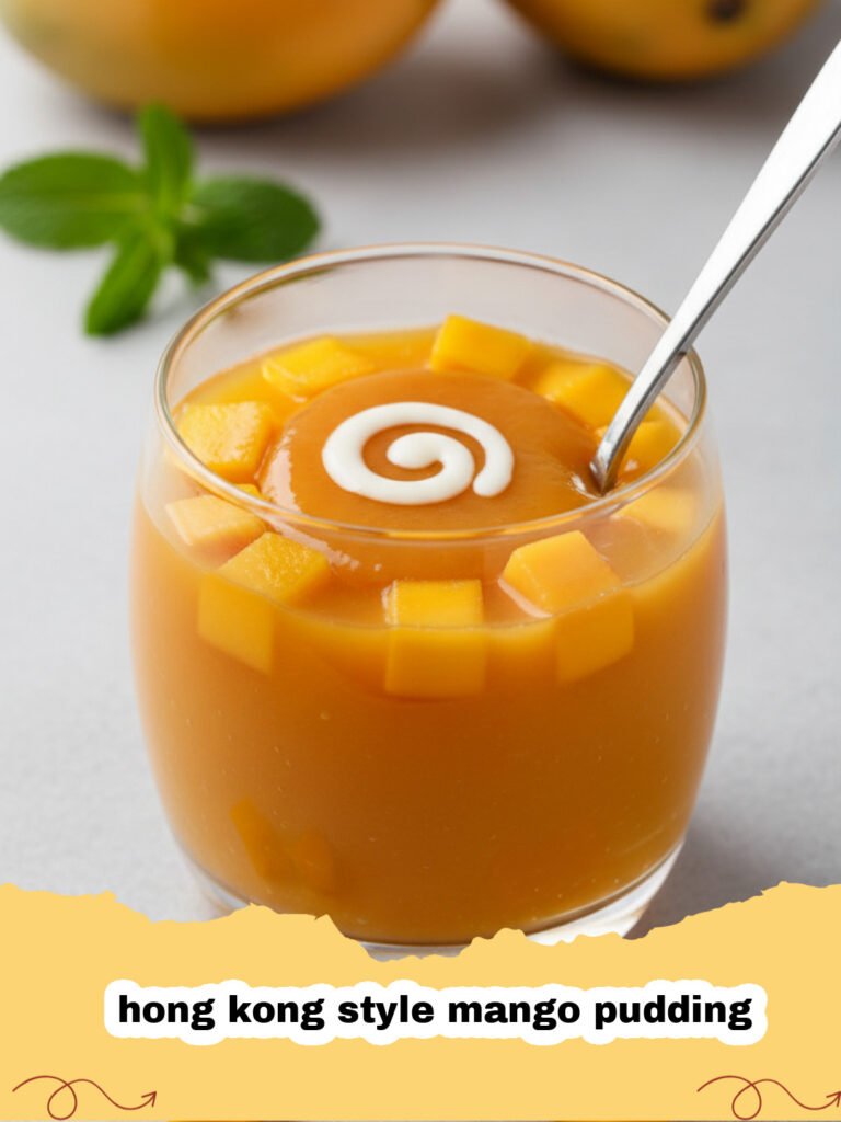 hong kong style mango pudding - Close-up of a perfectly set, vibrant orange Hong Kong style mango pudding garnished with fresh mango cubes and a mint leaf.