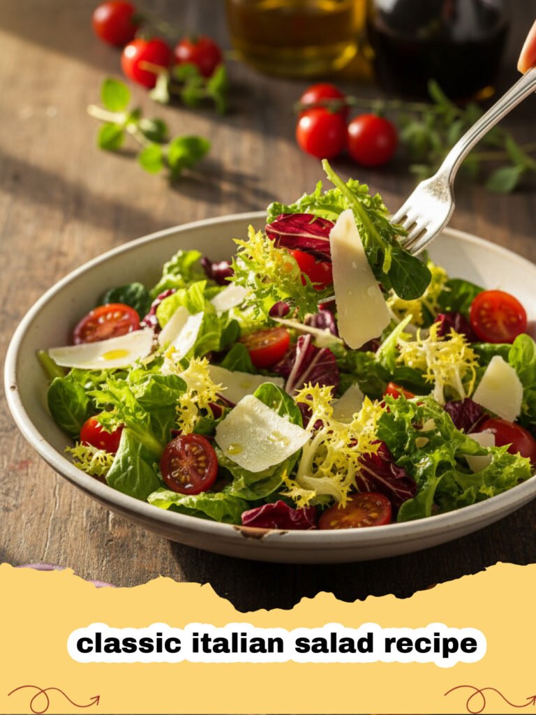 classic italian salad recipe - A vibrant classic Italian salad in a large bowl, featuring crisp lettuce, red onions, tomatoes, cucumbers, olives, and pepperoncinis, with Parmesan cheese sprinkled on top.