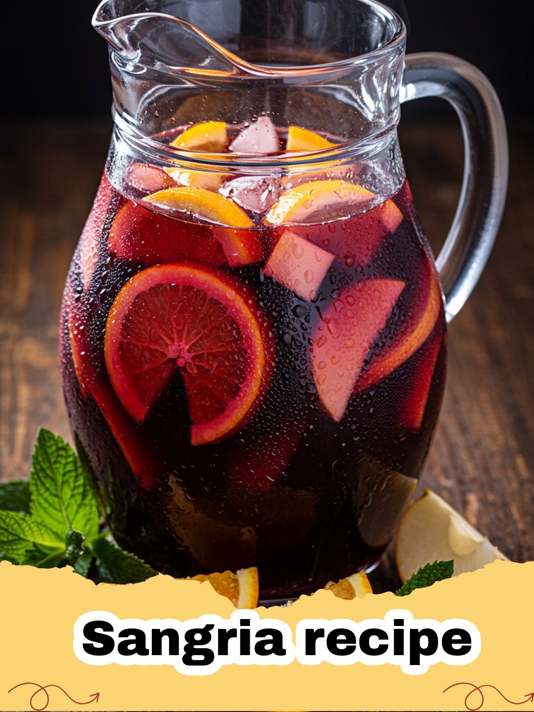 Sangria recipe - A glass pitcher filled with deep red Sangria and fresh fruit slices.