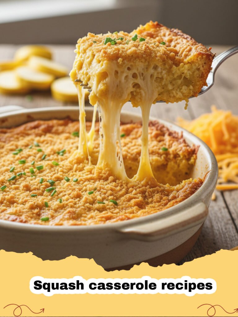 Squash casserole recipes - A golden brown squash casserole in a glass baking dish with a crispy cracker topping.