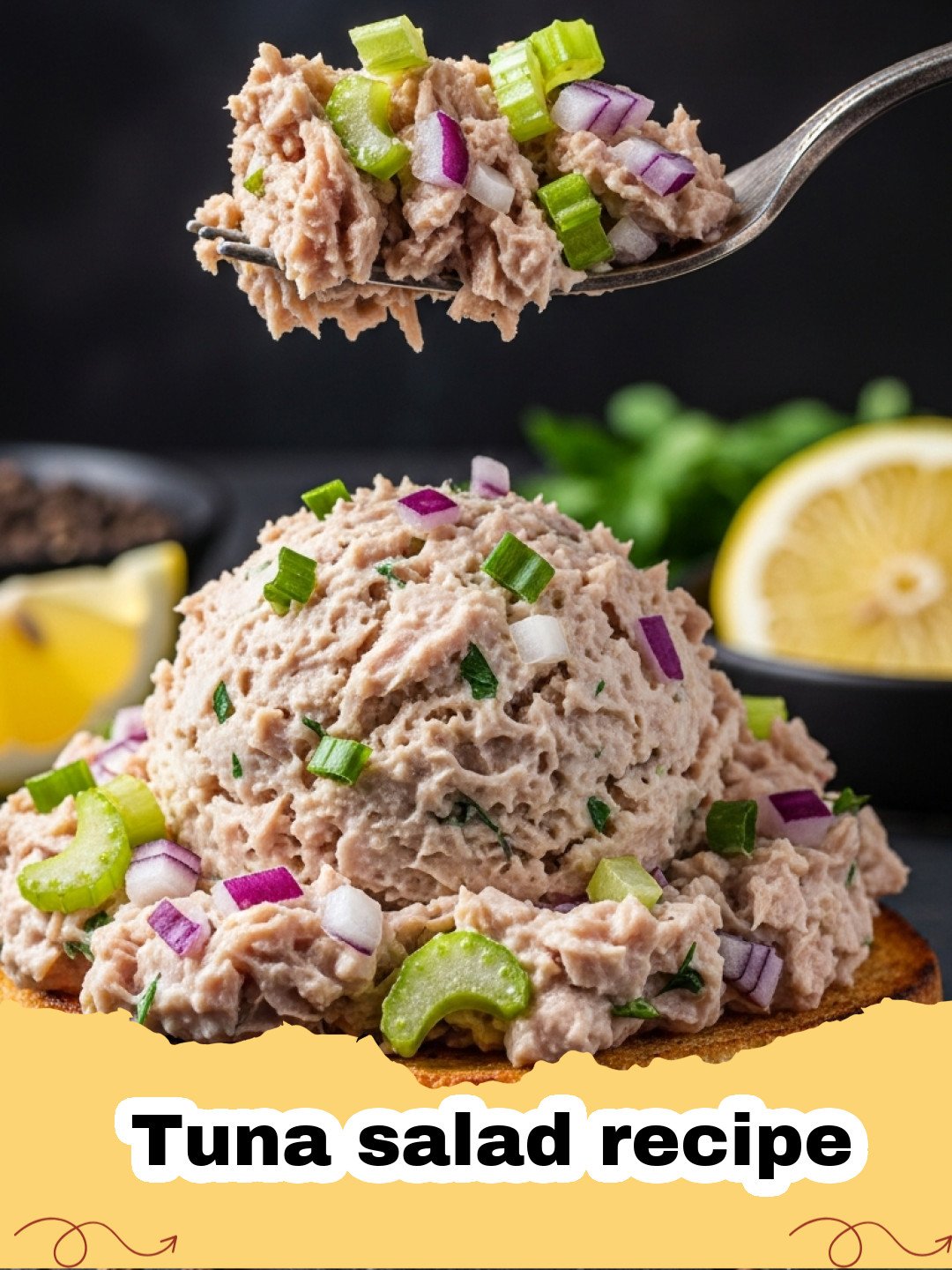 Tuna salad recipe - A close-up shot of creamy tuna salad in a glass bowl garnished with fresh dill.