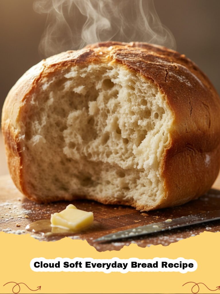 A golden-brown loaf of Cloud Soft Everyday Bread Recipe, sliced, revealing its incredibly airy and tender crumb, resting on a wooden cutting board.