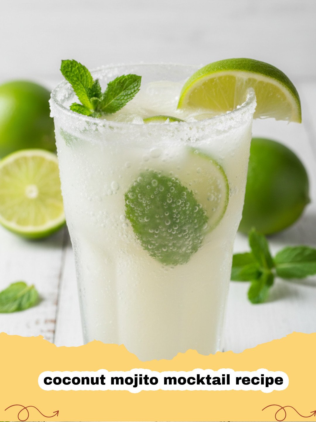 coconut mojito mocktail recipe - A refreshing coconut mojito mocktail in a tall glass, garnished with fresh mint and lime, set against a tropical background.