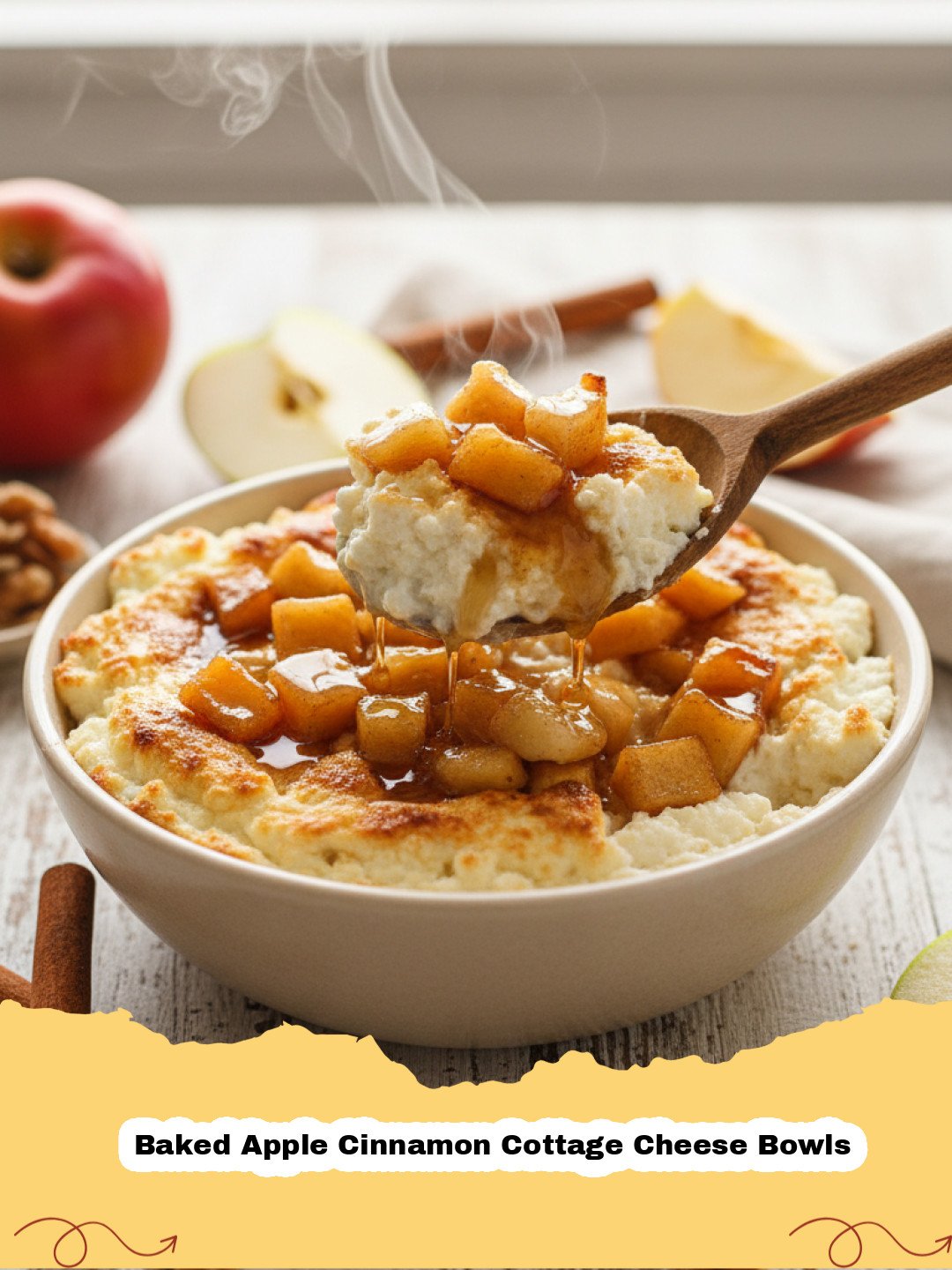 Baked Apple Cinnamon Cottage Cheese Bowls - A cozy bowl of warm baked apples with cinnamon spiced cottage cheese, topped with granola and a drizzle of honey.