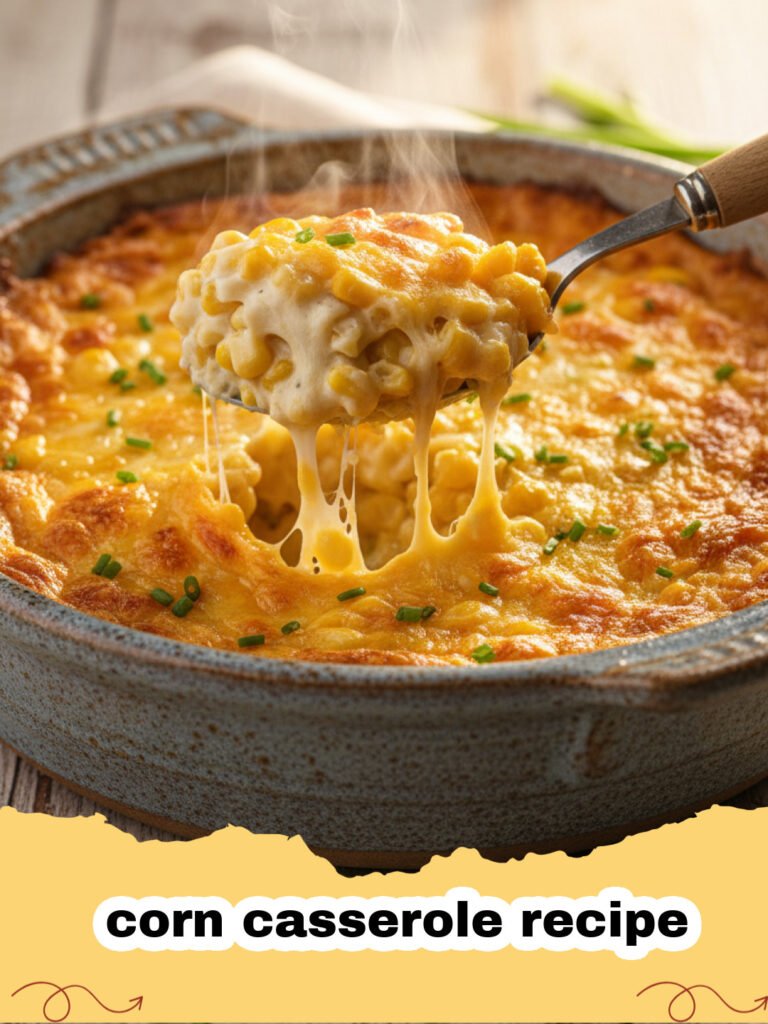 corn casserole recipe - A golden-brown, creamy corn casserole in a white baking dish, garnished with fresh parsley, ready to serve.