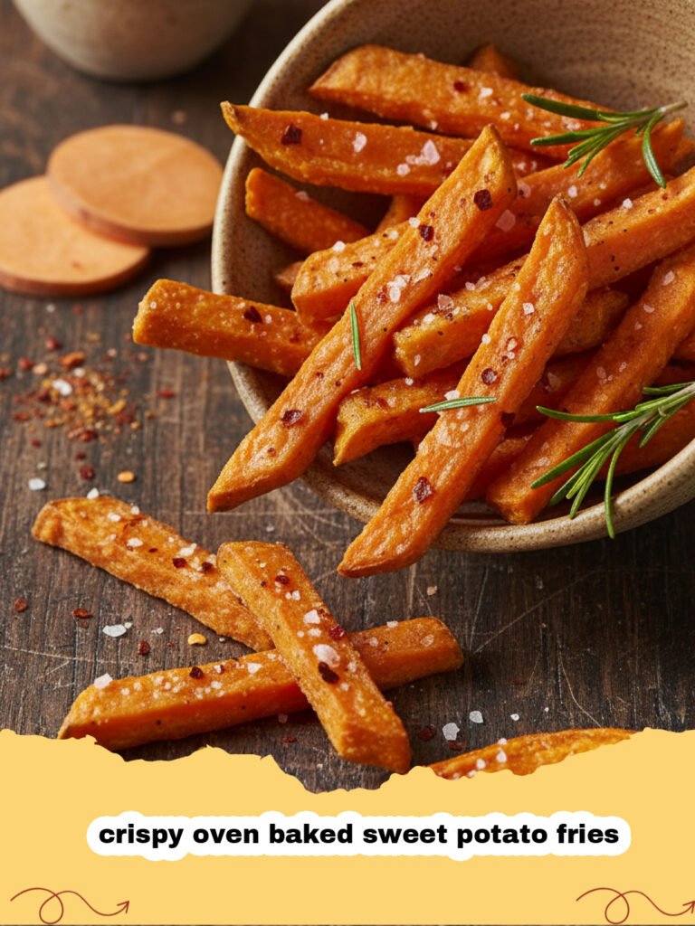 Pile of golden crispy oven baked sweet potato fries on a parchment-lined baking sheet with a small bowl of dipping sauce.