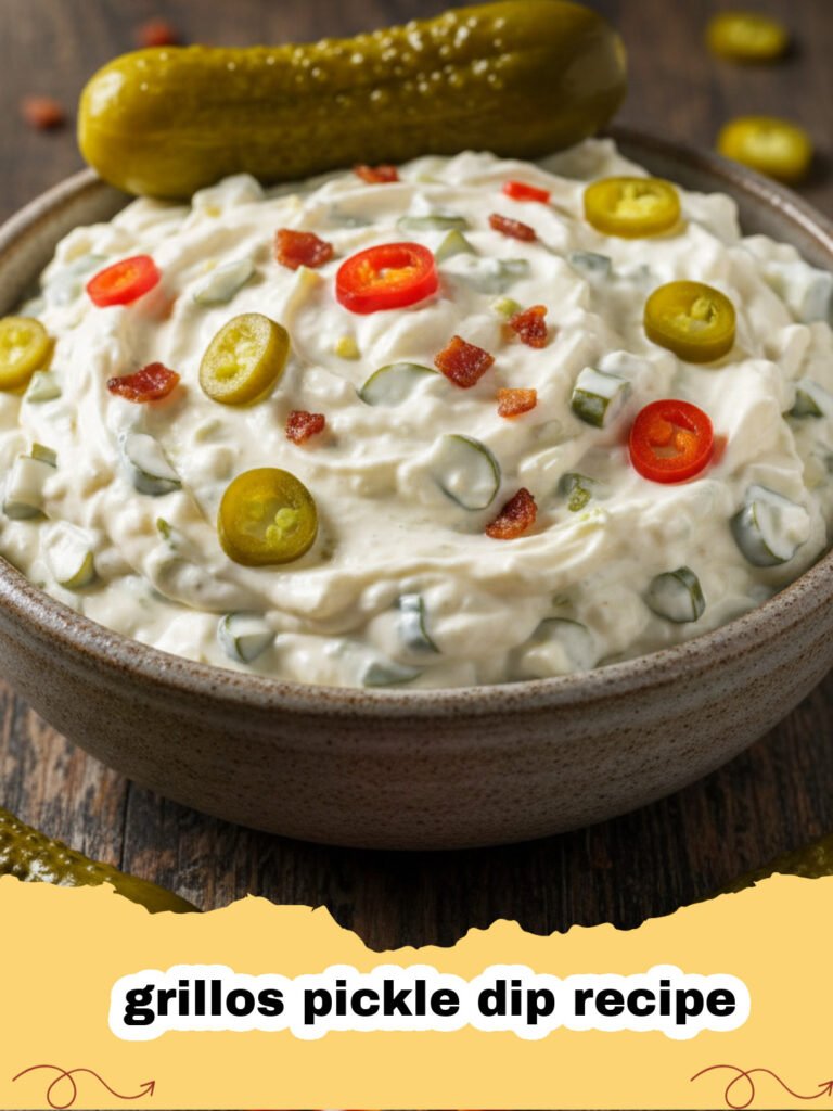 grillos pickle dip recipe - A close-up shot of a creamy Grillo's pickle dip in a white bowl surrounded by potato chips and fresh dill.