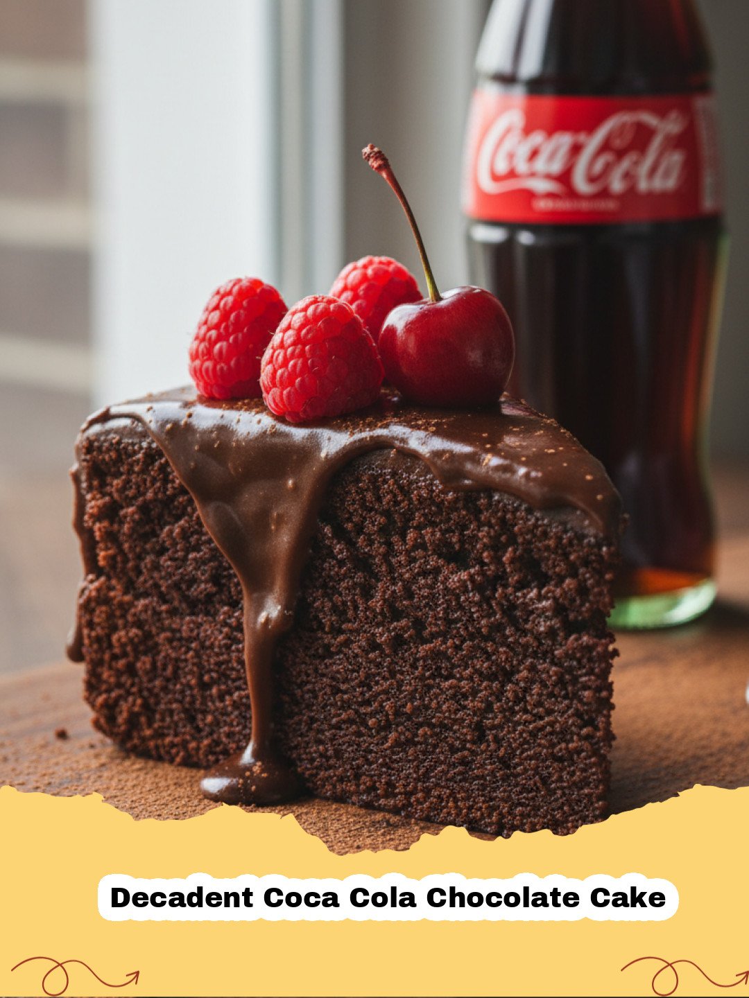 A moist slice of Decadent Coca Cola Chocolate Cake with rich chocolate frosting and a drizzle of caramel on a white plate.