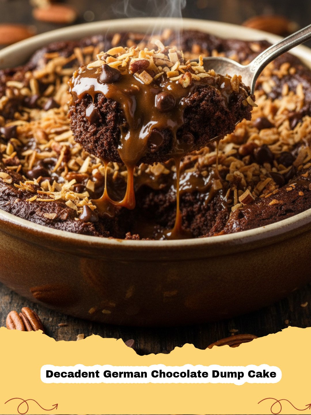 Close-up of a square slice of Decadent German Chocolate Dump Cake on a white plate, showing the gooey coconut-pecan topping and moist chocolate cake layers.