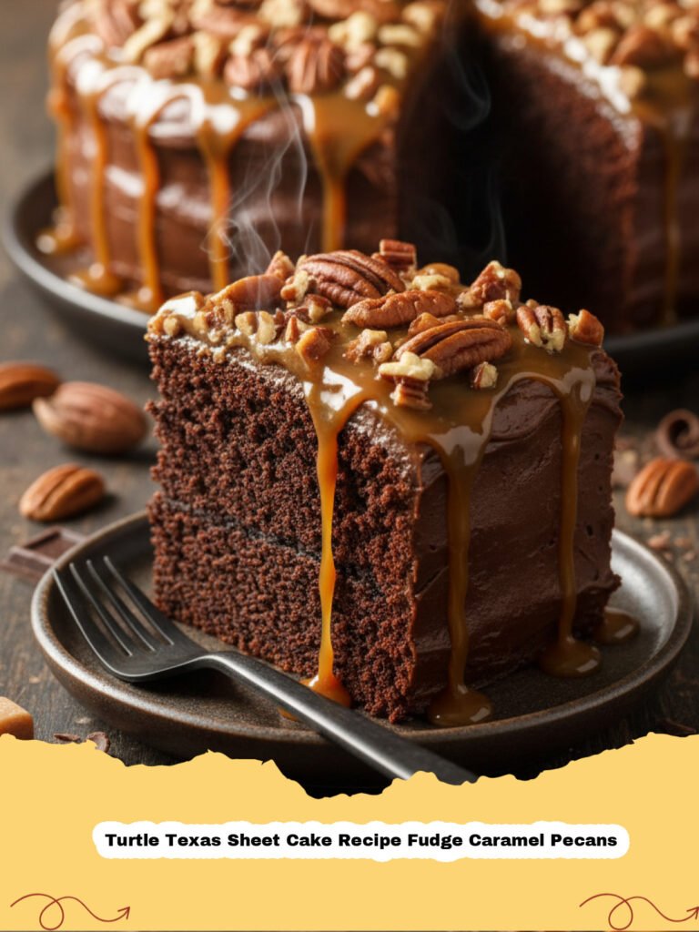 Turtle Texas Sheet Cake Recipe Fudge Caramel Pecans - A close-up shot of a square slice of Turtle Texas Sheet Cake, showing the rich chocolate cake, thick fudge frosting, generous pecan pieces, and a drizzle of caramel.