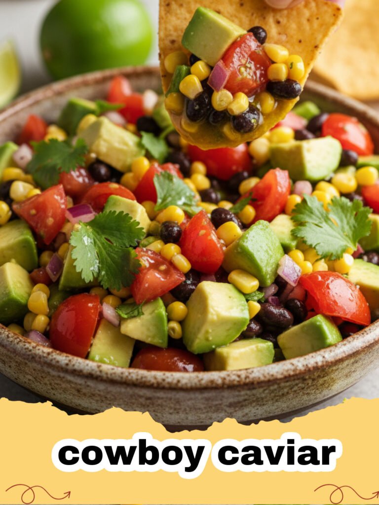 A vibrant bowl of cowboy caviar with tortilla chips and fresh lime wedges