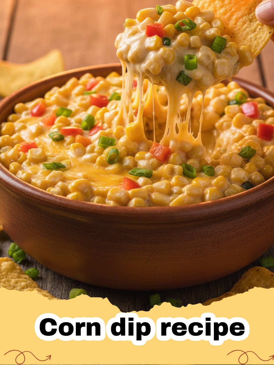 Corn dip recipe - A bowl of creamy corn dip topped with cilantro and jalapeños surrounded by tortilla chips