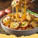 Creamy Crockpot Ham Potatoes - Close-up of creamy crockpot ham and potatoes, garnished with fresh parsley, served in a white bowl.