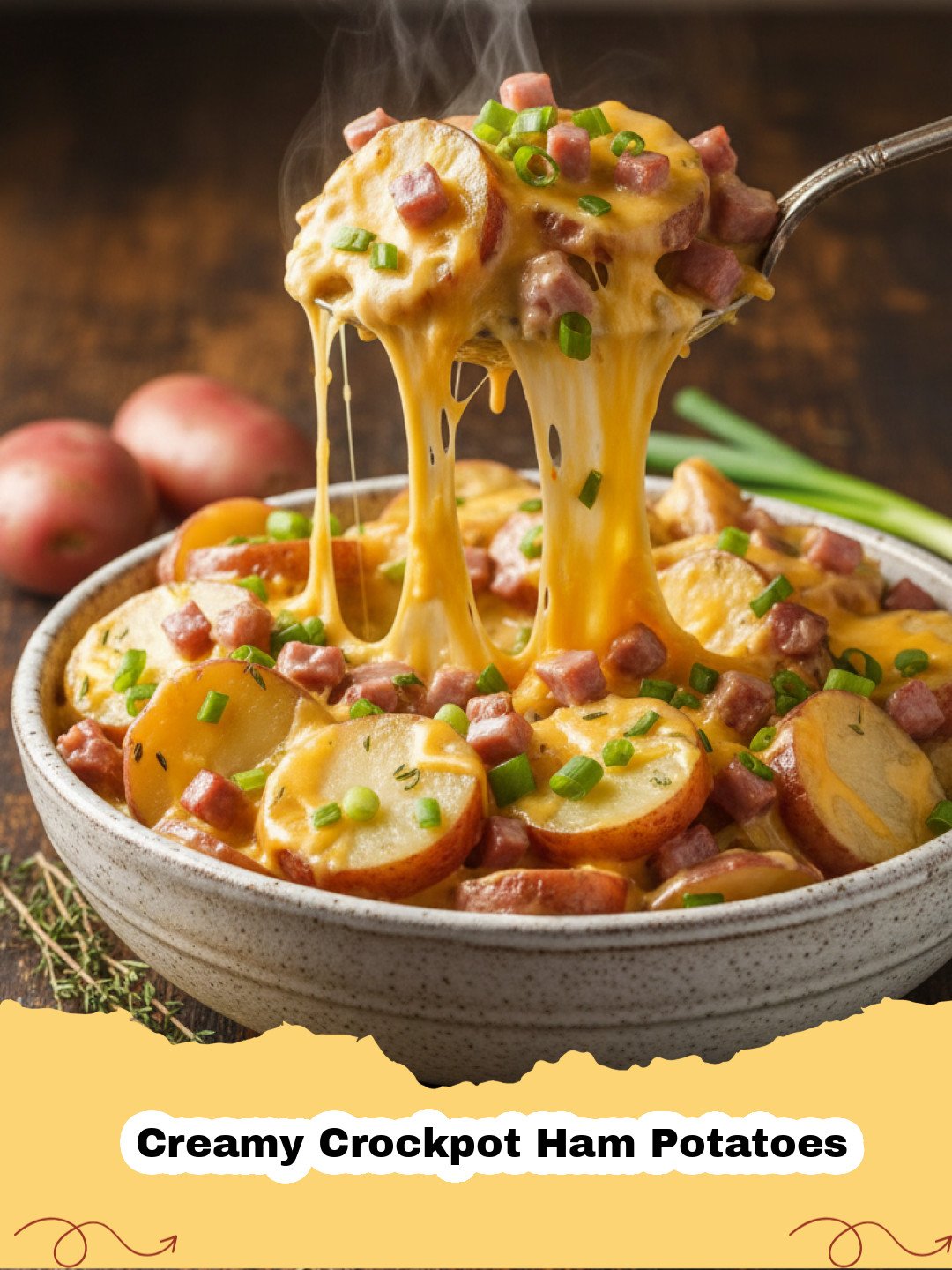 Creamy Crockpot Ham Potatoes - Close-up of creamy crockpot ham and potatoes, garnished with fresh parsley, served in a white bowl.