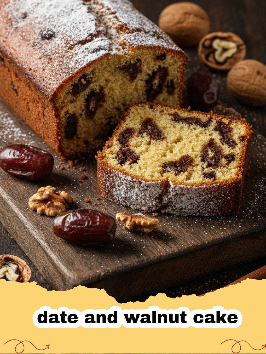 A moist slice of classic date and walnut cake on a white plate, garnished with powdered sugar, next to a cup of tea.