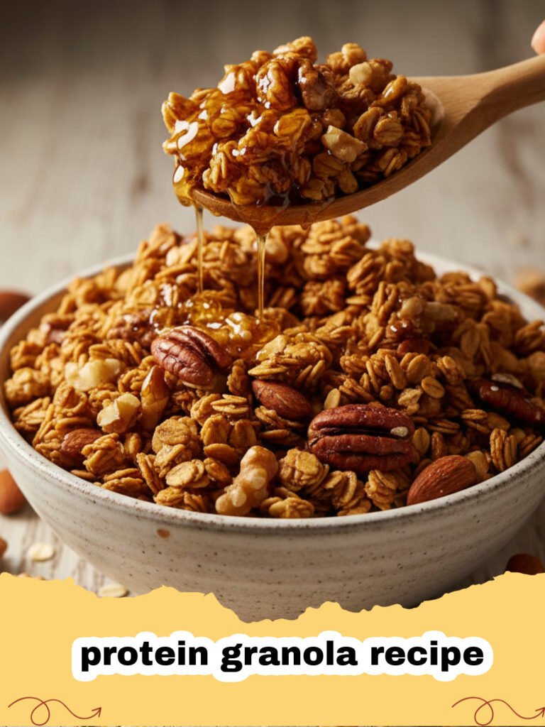 protein granola recipe - Close-up of golden-brown homemade protein granola with nuts and seeds