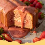 Slice of Homemade Strawberry Cream Cheese Pound Cake with fresh strawberries