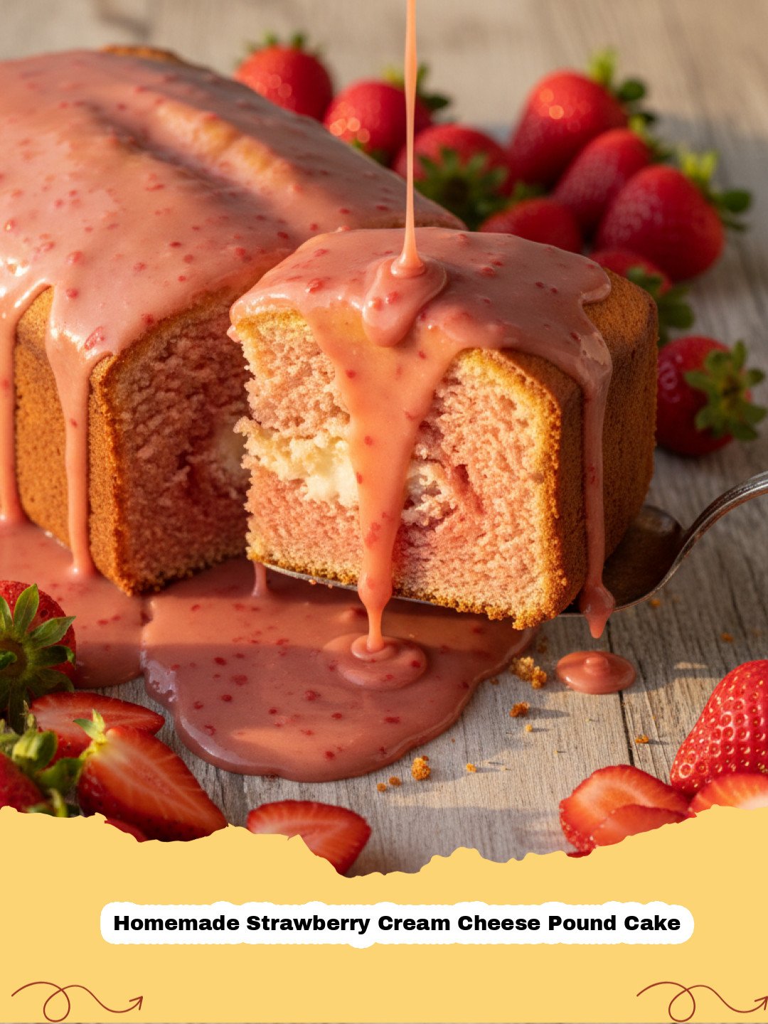 Slice of Homemade Strawberry Cream Cheese Pound Cake with fresh strawberries