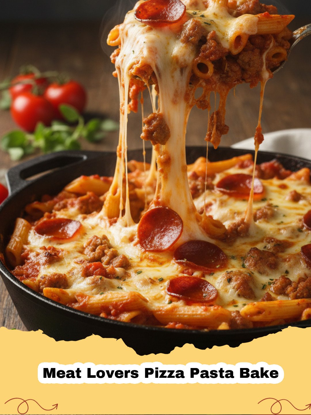 Close-up of a bubbling Meat Lovers Pizza Pasta Bake in a casserole dish, topped with melted mozzarella and pepperoni, ready to serve.