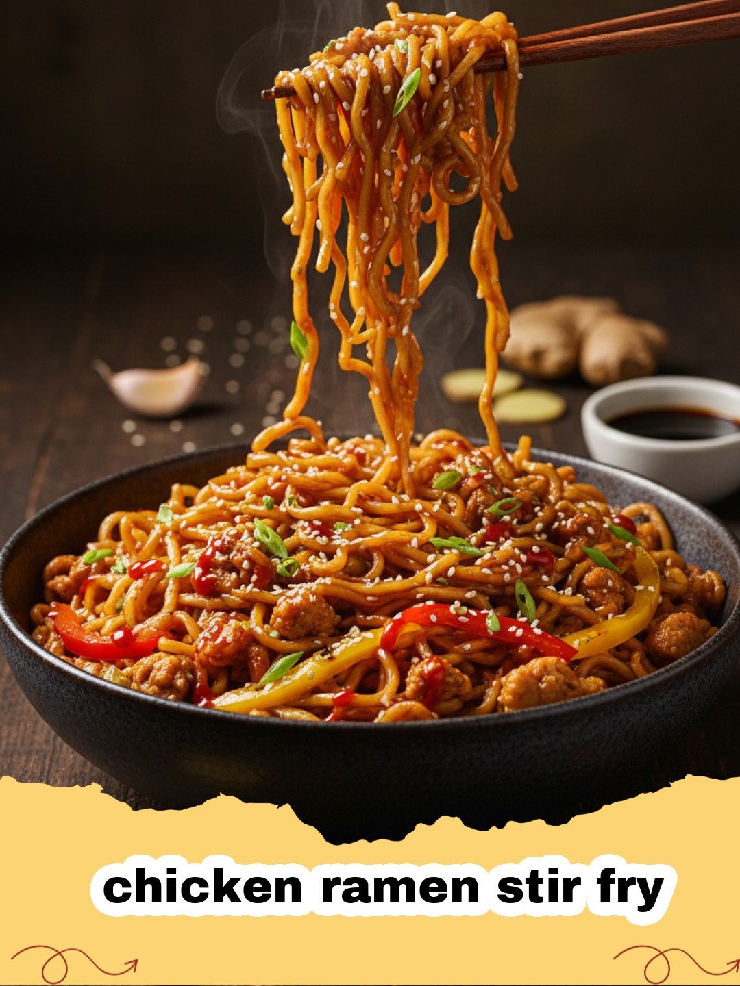 A close-up of a steaming bowl of chicken ramen stir fry with vibrant vegetables and tender chicken.