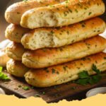 Golden brown 3 Ingredient Cottage Cheese Garlic Breadsticks on a baking sheet, brushed with butter and sprinkled with parsley, ready to be served.