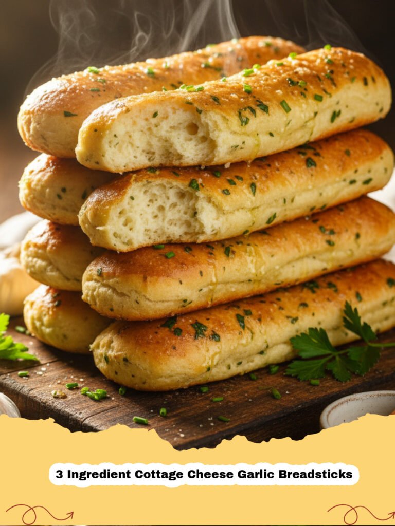 Golden brown 3 Ingredient Cottage Cheese Garlic Breadsticks on a baking sheet, brushed with butter and sprinkled with parsley, ready to be served.