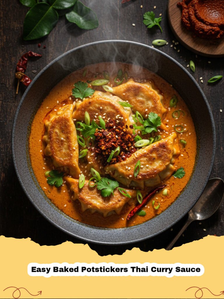 Easy Baked Potstickers Thai Curry Sauce - Crispy Baked Potstickers in a vibrant Thai Red Curry Sauce, garnished with fresh cilantro and a lime wedge.