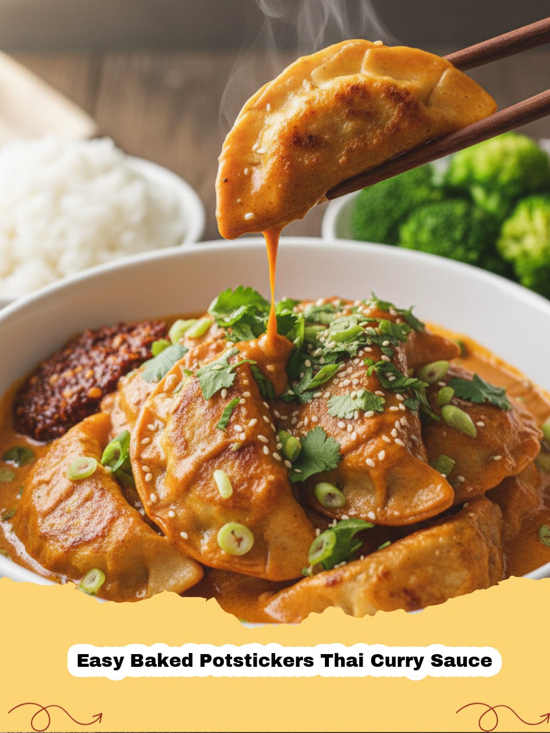 Easy Baked Potstickers Thai Curry Sauce - Close-up of golden baked potstickers swimming in a rich, creamy Thai red curry sauce, garnished with fresh cilantro and green onions.