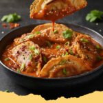 Easy Baked Potstickers Thai Curry Sauce - Close-up of crispy baked potstickers coated in a creamy red Thai curry sauce, garnished with fresh cilantro and green onions, served with jasmine rice.