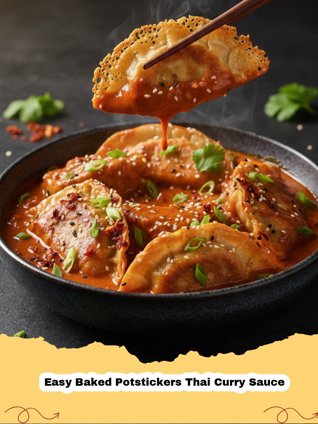 Easy Baked Potstickers Thai Curry Sauce - Close-up of crispy baked potstickers coated in a creamy red Thai curry sauce, garnished with fresh cilantro and green onions, served with jasmine rice.