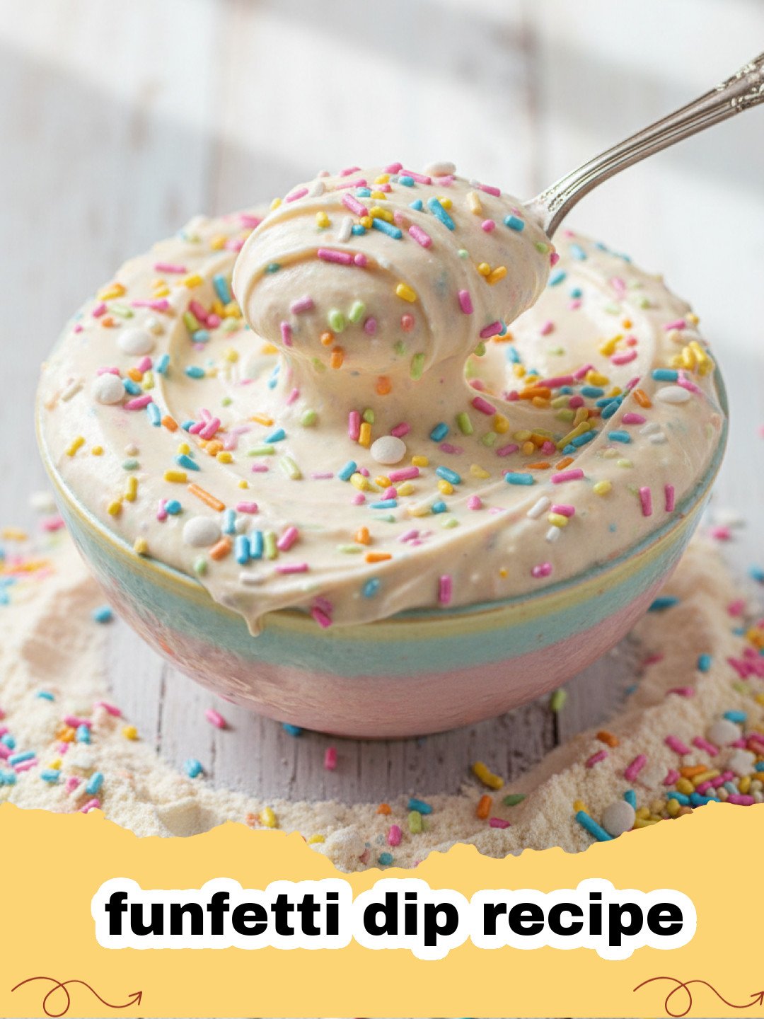 funfetti dip recipe - Close-up of a bowl of creamy funfetti dip with colorful sprinkles, surrounded by dippers like graham crackers and fresh fruit.