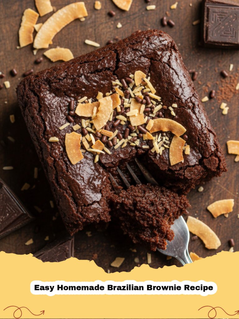Close-up of a square of Easy Homemade Brazilian Brownie Recipe with a fudgy center and crinkled top.