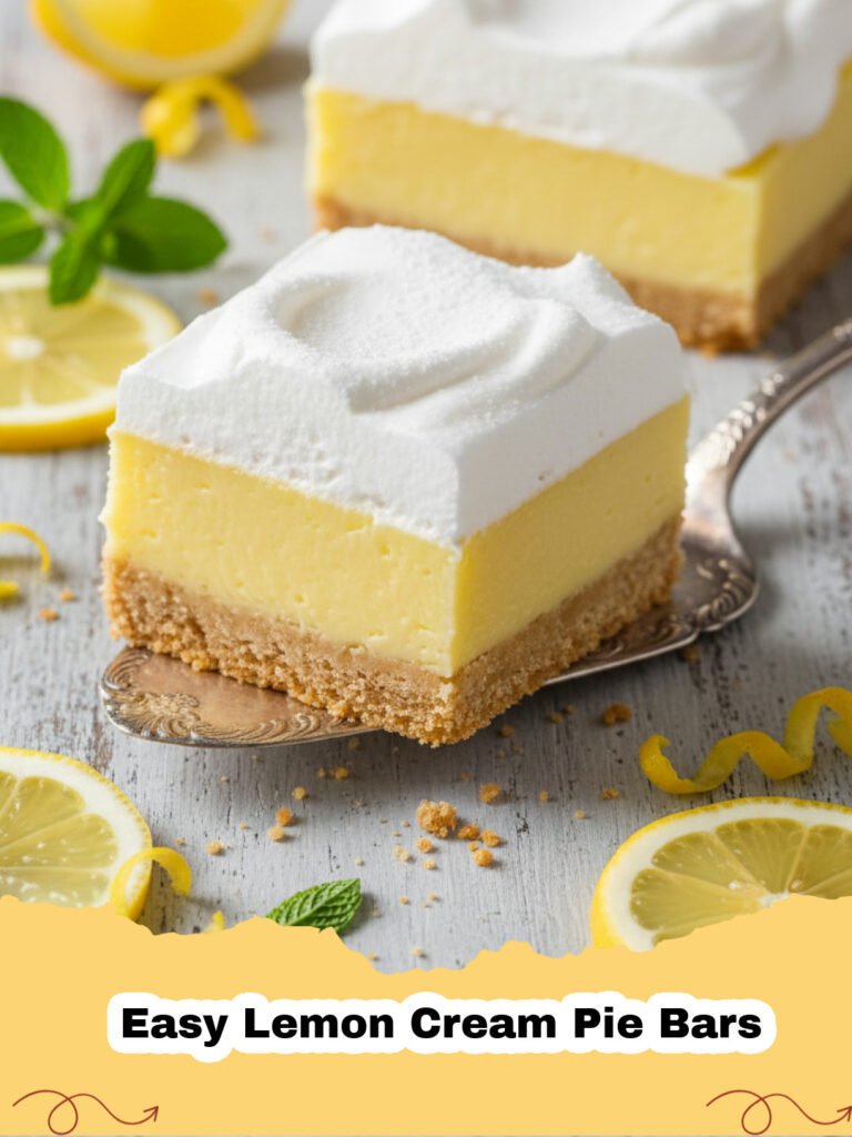 Close-up of Easy Lemon Cream Pie Bars dusted with powdered sugar, on a white serving plate, with a few fresh lemon slices nearby.