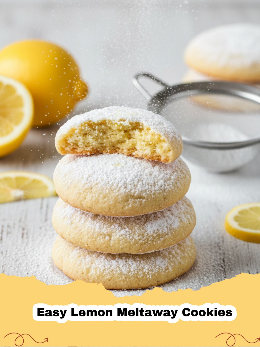 Close-up of freshly baked Easy Lemon Meltaway Cookies dusted with powdered sugar and glazed with lemon icing on a white plate.