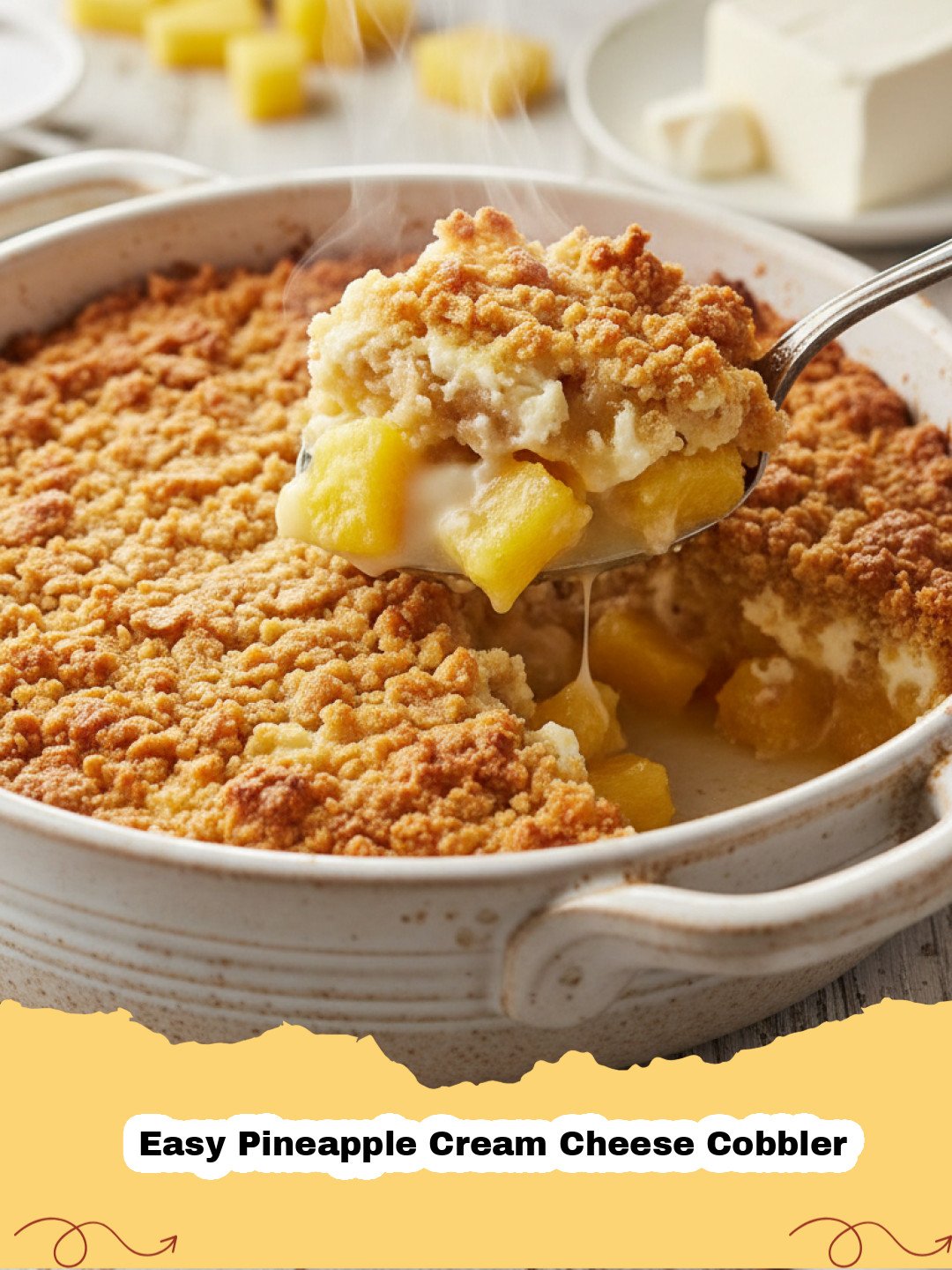 A golden-brown Easy Pineapple Cream Cheese Cobbler, fresh out of the oven, with a scoop of vanilla ice cream melting on top.