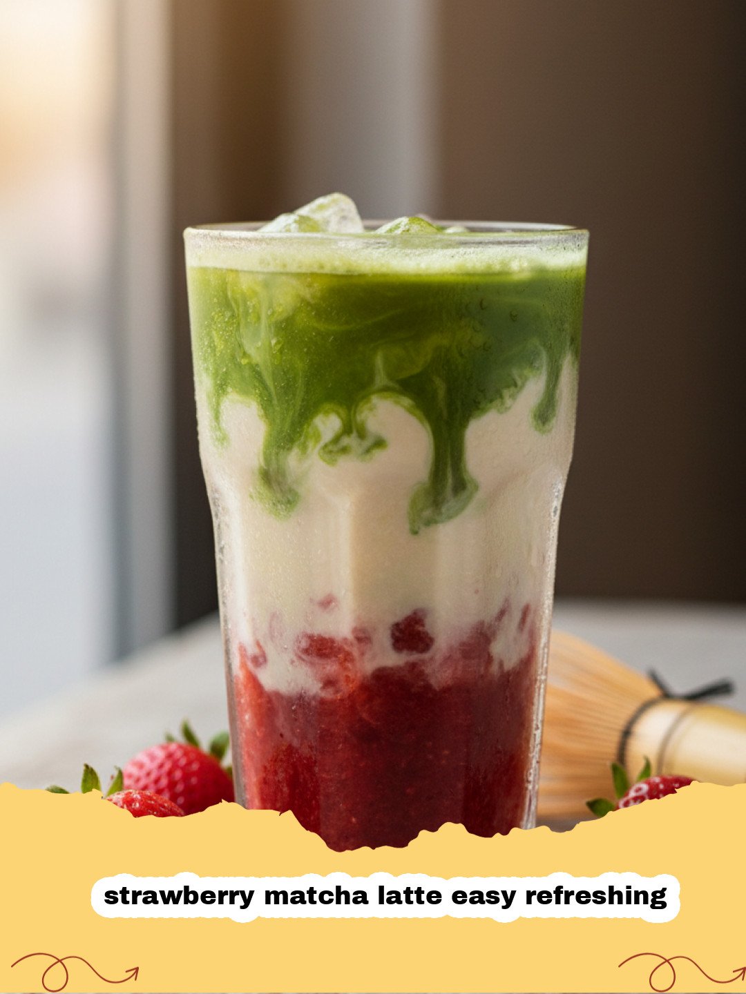strawberry matcha latte easy refreshing - Beautifully layered strawberry matcha latte in a clear glass with ice, showing distinct pink, white, and green layers, garnished with fresh strawberry slices.